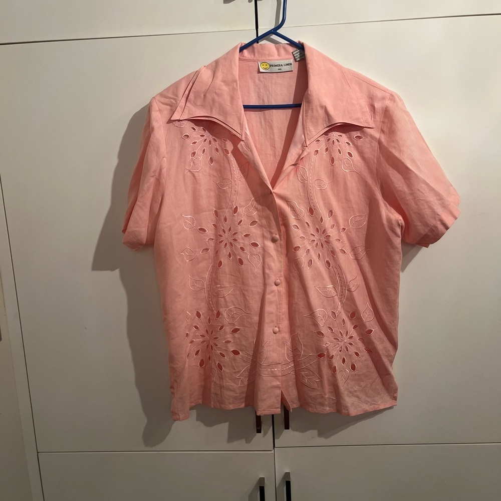 100% linen Elegant Peach Women's Blouse with Floral Details